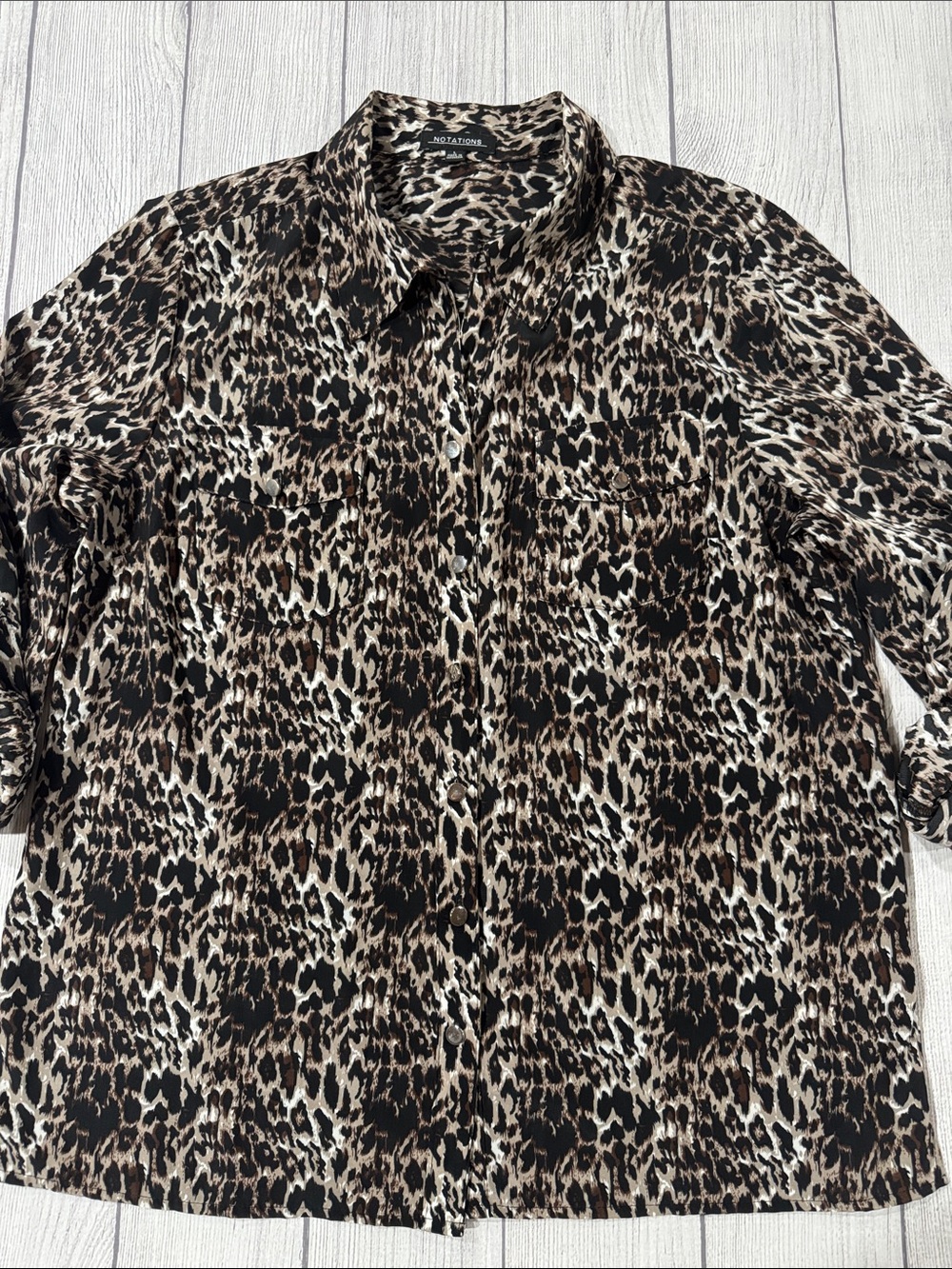 Notations Women’s Leopard Print Button front Blouse in Brown, Black & White